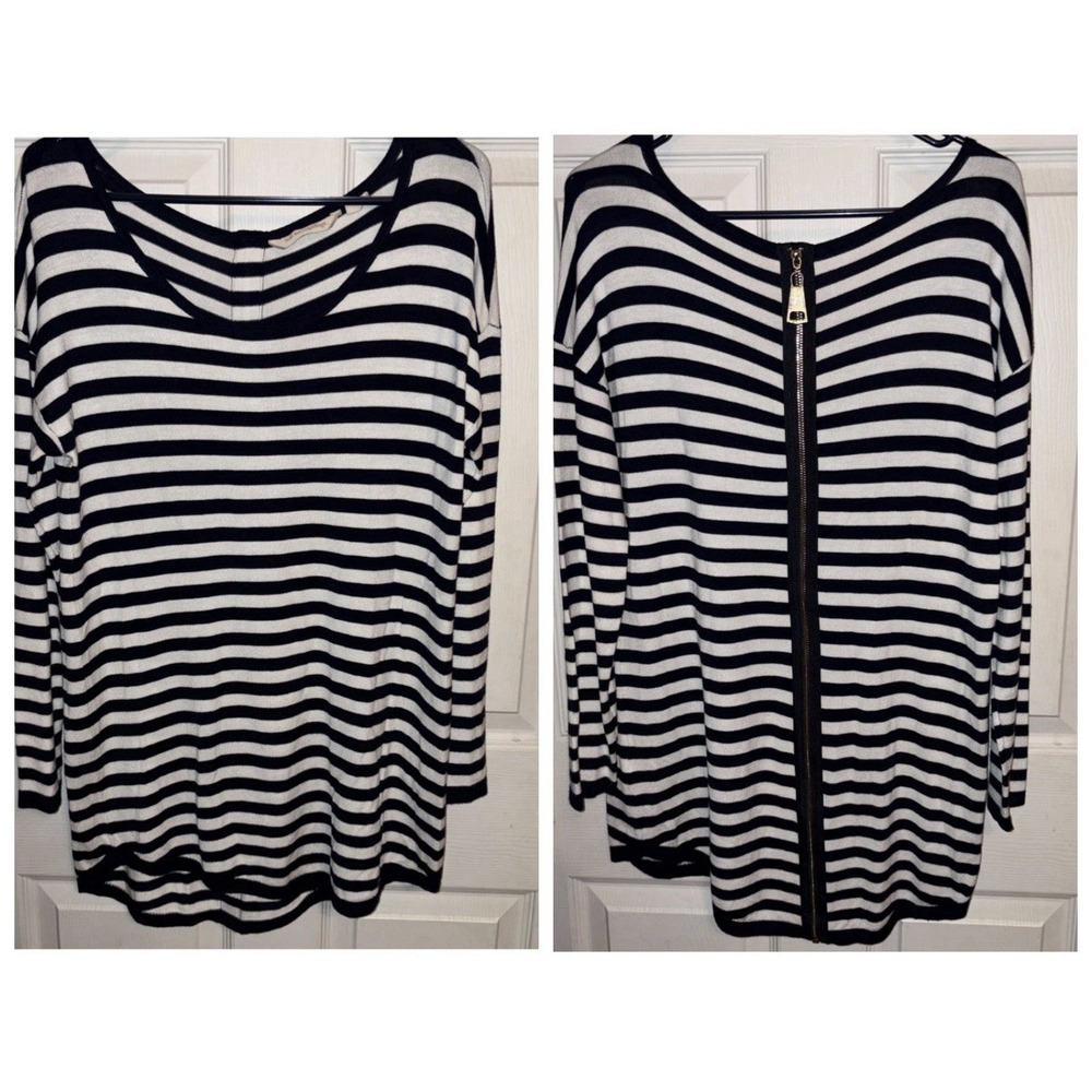 Soft Surroundings M Navy White Zip Back Striped Sweater Ltweight Nautical Tunic